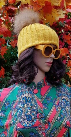 Vintage Hat: Groovy Vintage 1970s Mustard Yellow Knitted Hat With Fur Pom Pom -Fashion Clothing Store il fullxfull.4737333938 pno0