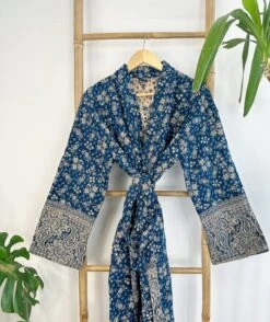 Paisley Unisex Yak Wool Blend Kimono Dressing House Robe – Deep Teal Ink Blue Hue Beige