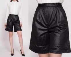 80s Shiny Black High Waisted Shorts - Small To Medium