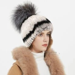 Rex Rabbit Fur Beanie Hat With Fox Fur Pom Pom