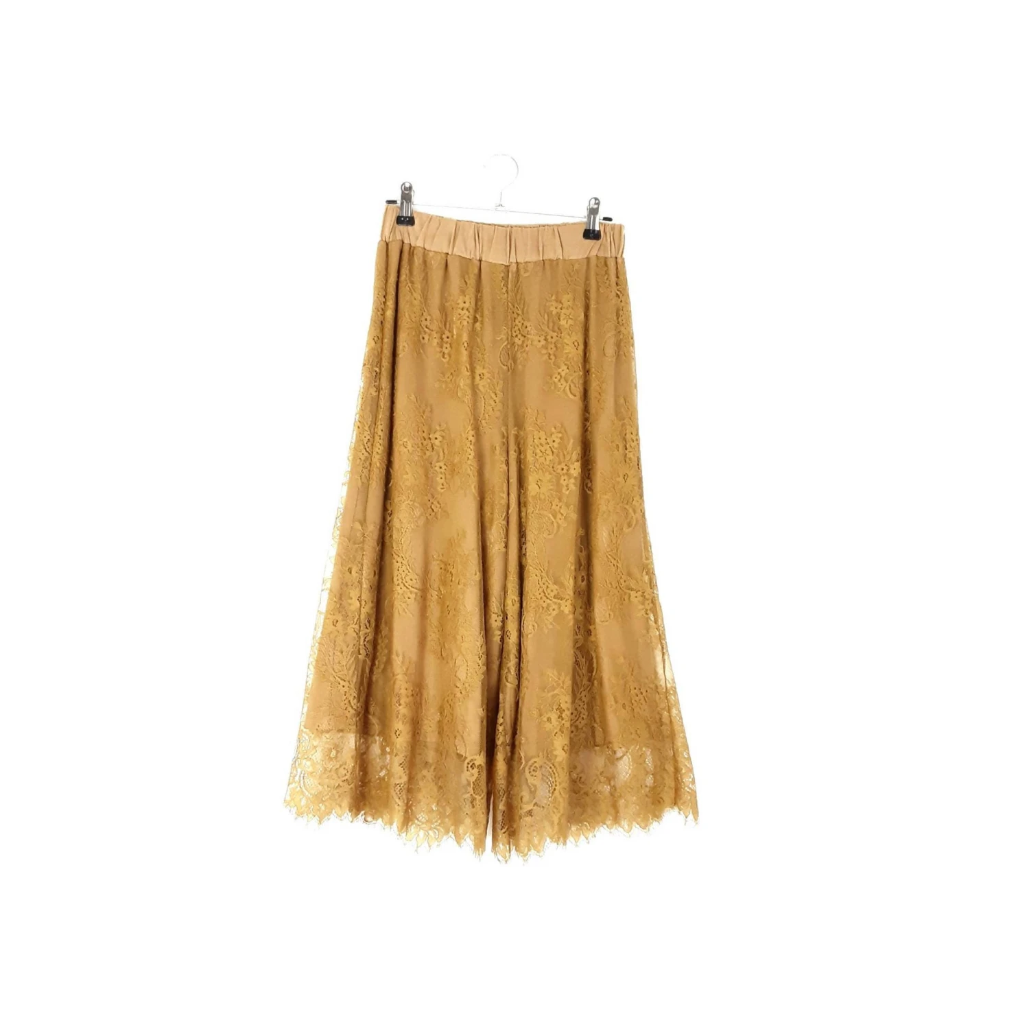 Gold Mustard Floral Lace Culottes Vintage Women's High Waisted Bottoms Ochre Yellow Elastic Waist Culottes Cropped Wide Leg Trousers, XS 6 Gold Mustard Floral Lace Culottes Vintage Women's High Waisted Bottoms Ochre Yellow Elastic Waist Culottes Cropped Wide Leg Trousers, XS - Image 6