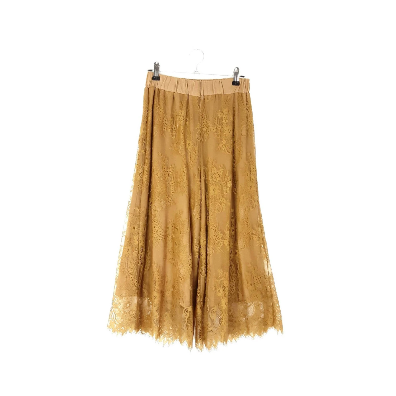 Gold Mustard Floral Lace Culottes Vintage Women's High Waisted Bottoms Ochre Yellow Elastic Waist Culottes Cropped Wide Leg Trousers, XS 10 Gold Mustard Floral Lace Culottes Vintage Women's High Waisted Bottoms Ochre Yellow Elastic Waist Culottes Cropped Wide Leg Trousers, XS - Image 10