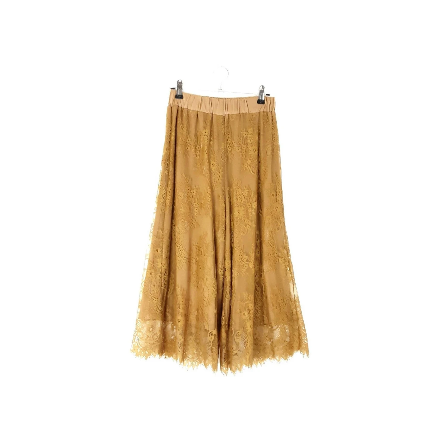 Gold Mustard Floral Lace Culottes Vintage Women's High Waisted Bottoms Ochre Yellow Elastic Waist Culottes Cropped Wide Leg Trousers, XS 1 Gold Mustard Floral Lace Culottes Vintage Women's High Waisted Bottoms Ochre Yellow Elastic Waist Culottes Cropped Wide Leg Trousers, XS