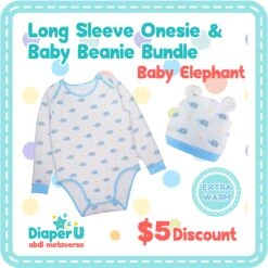 ABDL Baby Elephant Long Sleeve Onesie & Beanie Bundle Set (2 Products)