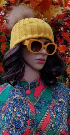 Vintage Hat: Groovy Vintage 1970s Mustard Yellow Knitted Hat With Fur Pom Pom -Fashion Clothing Store il fullxfull.4785590069 9ysl