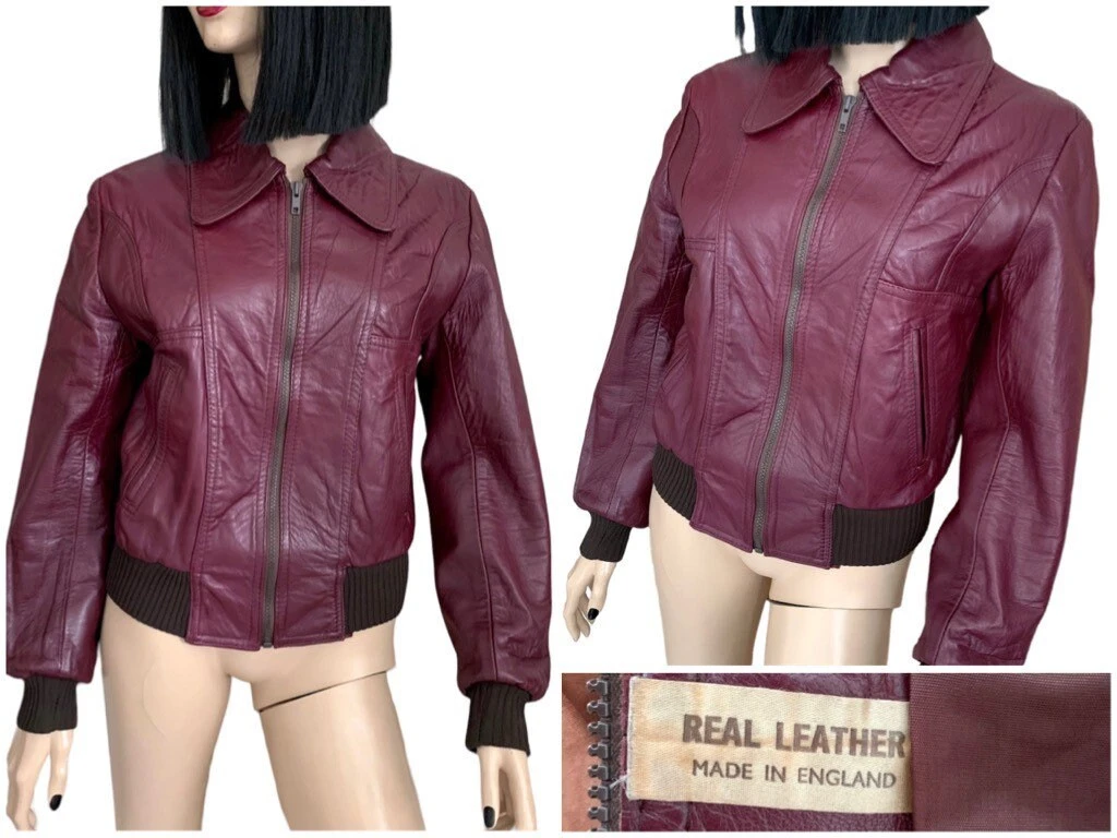 VINTAGE Original 1970s Genuine LEATHER Jacket Oxblood Maroon Wine Zip Up Pointed Collar Seventies Boho Rocker Glam Rock