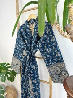 Paisley Unisex Yak Wool Blend Kimono Dressing House Robe – Deep Teal Ink Blue Hue Beige -Fashion Clothing Store il fullxfull.4806934015 m2g3