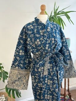 Paisley Unisex Yak Wool Blend Kimono Dressing House Robe – Deep Teal Ink Blue Hue Beige -Fashion Clothing Store il fullxfull.4806934017 tomo