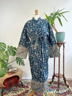 Paisley Unisex Yak Wool Blend Kimono Dressing House Robe – Deep Teal Ink Blue Hue Beige -Fashion Clothing Store il fullxfull.4806934269 hv89