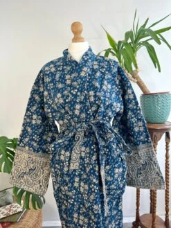 Paisley Unisex Yak Wool Blend Kimono Dressing House Robe – Deep Teal Ink Blue Hue Beige -Fashion Clothing Store il fullxfull.4806934579 tp13