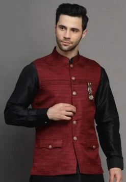 Utsav Fashion Solid Color Matka Silk Nehru Jacket In Maroon