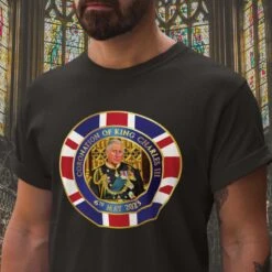 CORONATION DAY TEE Shirt Top, Union Jack Crown Royal Gold Throne King Charles Celebration National British Monarchy Coronation Badge T-shirt