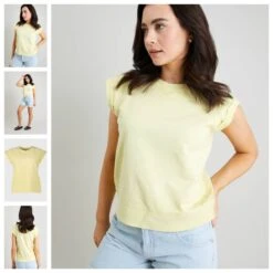 Light Yellow Dyed Sleeveless SweatshirtWith A Classic Crew Neck, Rolled Arm Holes And A Drushed Inner