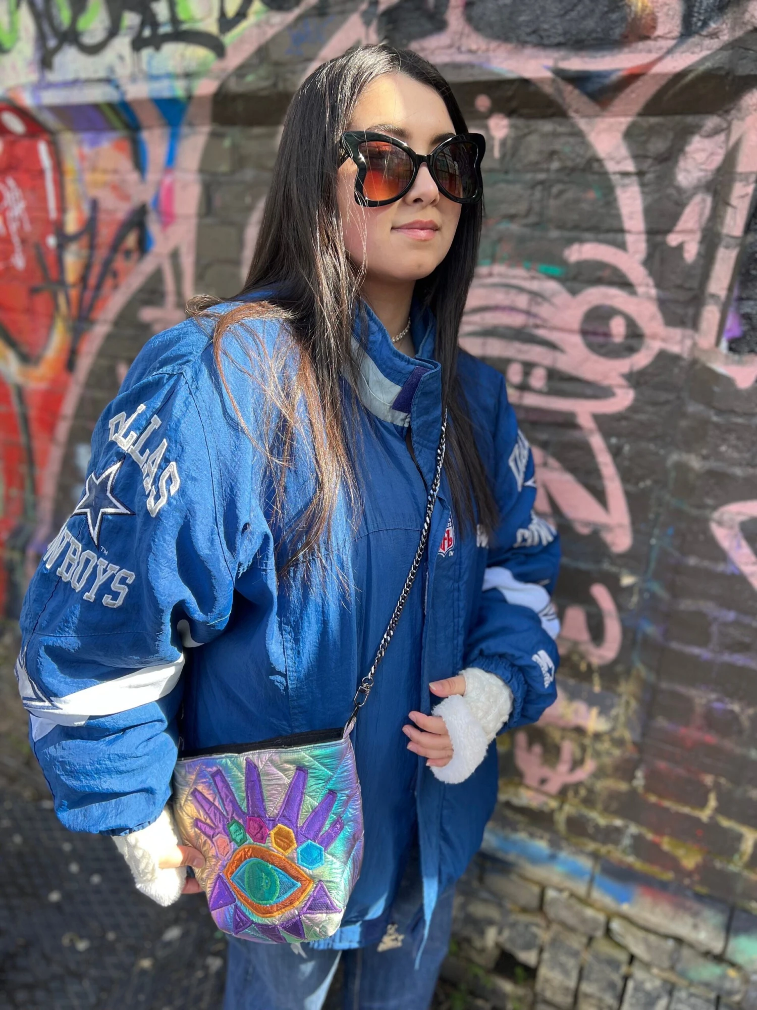 Rainbow Quilted Fabric And An Eye Design Appliqué Bucket Bag With Colorful Quilting And Inner Pocket With Shoulder Metal Strap. 5 Rainbow Quilted Fabric And An Eye Design Appliqué Bucket Bag With Colorful Quilting And Inner Pocket With Shoulder Metal Strap. - Image 5