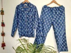 Comfortable Fit Pure Cotton Pyjama Set Handblocked In Indigo Blue & White