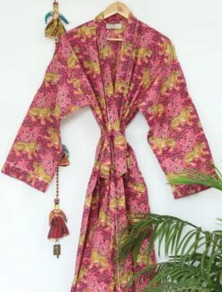 Unisex Pure Cotton Handprinted House Dressing Robe Kimono Jaguar Safari Print In Pink & Black Beach Coverup/Comfy Unisex Robe/ Man Robe