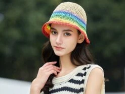Rainbow Lady Straw Hat, Summer Hat, Gift For Her, Beach Hat, Bucket Hat, Sun Hat, Rainbow Hat, Foldable Hat, Lady Gift ,Crochet Lady Hat