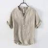 Summer Men's Short-sleeved Linen T-shirt, Vintage V-neck Button-down Shirt, Loose Casual Linen T-shirt