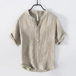 Summer Men's Short-sleeved Linen T-shirt, Vintage V-neck Button-down Shirt, Loose Casual Linen T-shirt