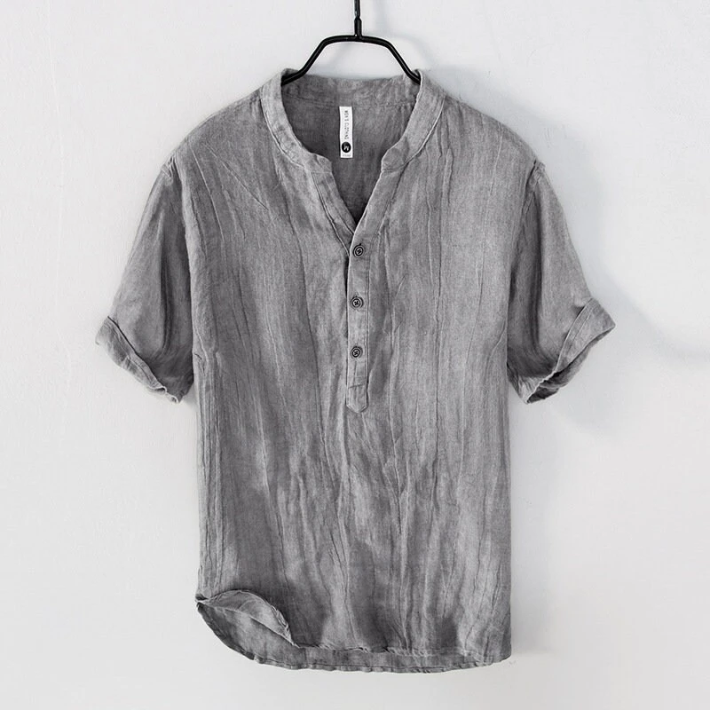 Summer Men's Short-sleeved Linen T-shirt, Vintage V-neck Button-down Shirt, Loose Casual Linen T-shirt 3 Summer Men's Short-sleeved Linen T-shirt, Vintage V-neck Button-down Shirt, Loose Casual Linen T-shirt - Image 3