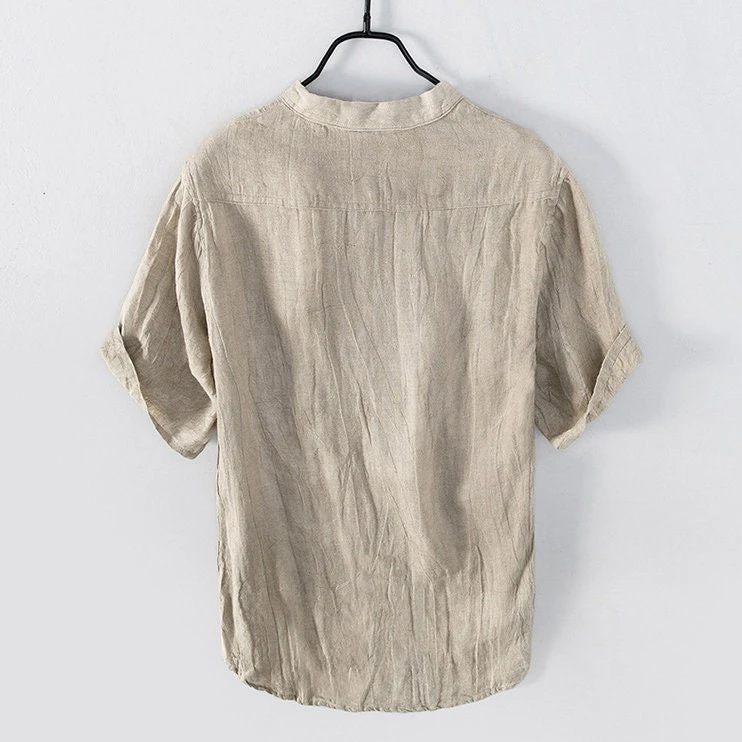 Summer Men's Short-sleeved Linen T-shirt, Vintage V-neck Button-down Shirt, Loose Casual Linen T-shirt 2 Summer Men's Short-sleeved Linen T-shirt, Vintage V-neck Button-down Shirt, Loose Casual Linen T-shirt - Image 2