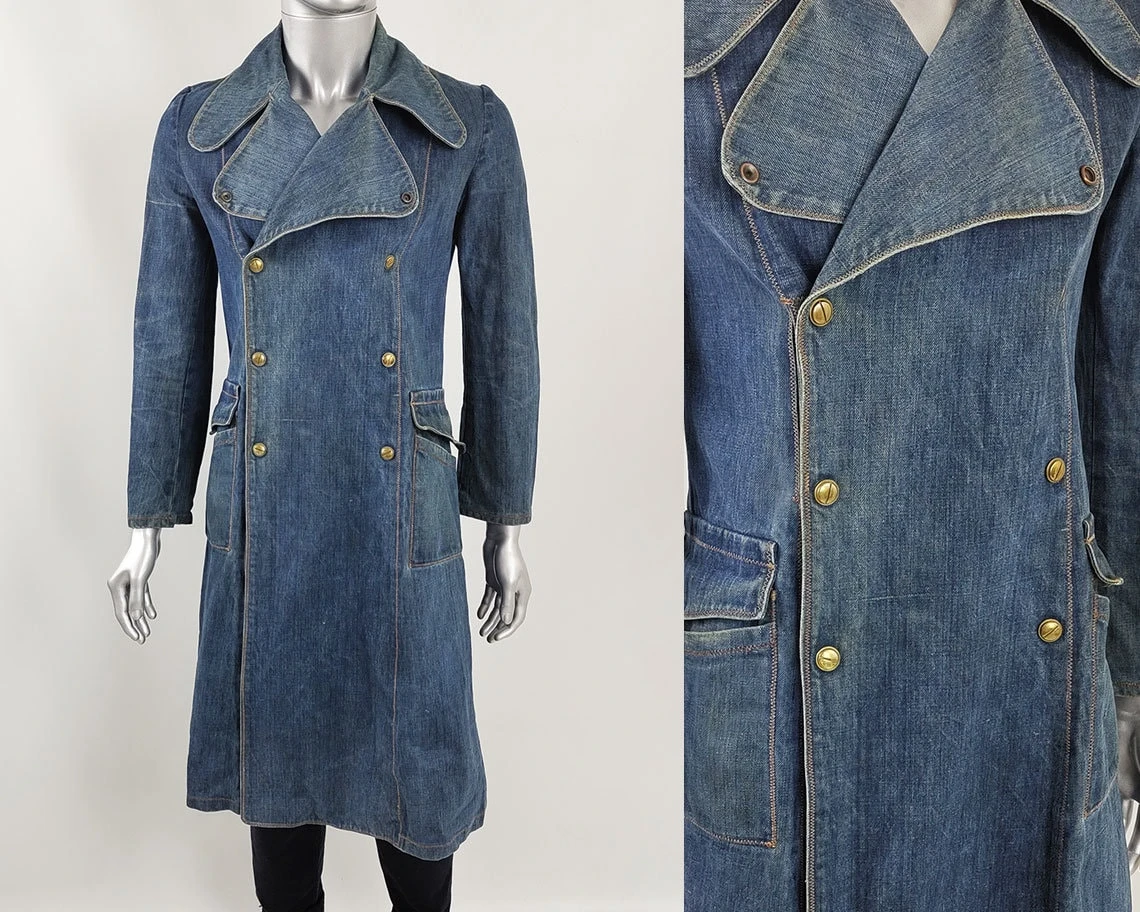 Vintage 70s Mens Coat, Long Denim Jacket, Blue Jean Jacket, Mens Pea Coat, Western Jacket, Dandy Mod Coat Men, 1970s Jacket Men 1 Vintage 70s Mens Coat, Long Denim Jacket, Blue Jean Jacket, Mens Pea Coat, Western Jacket, Dandy Mod Coat Men, 1970s Jacket Men