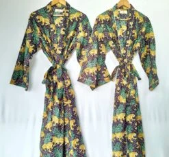 Pure Cotton Handprinted House Dressing Robe Kimono Lapelled Collar In Blue & Leopard Safari PintHouse Robe Comfy Men Robe/ Man Robe