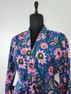 Unisex Pure Cotton Kimono In Blue With Pink Floral Delight Garden Indian Block Print Summer Kimono Beach Coverup Comfy Maternity Dress Maxi