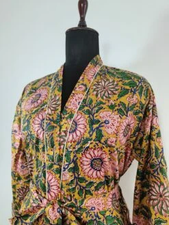 Unisex Pure Cotton Kimono In Yellow & Bold Pink Floral Delight Garden Indian Block Print Summer Kimono Beach Coverup Comfy Maternity Dress