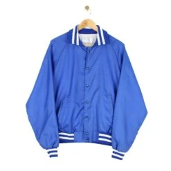 80s Vintage Varsity Jacket Blue Collared Retro USA Made Mens Size M