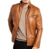 Men's Stand Up Collar Café Racer Motorcycle Biker Lightweight Brown Real Leather Jacket