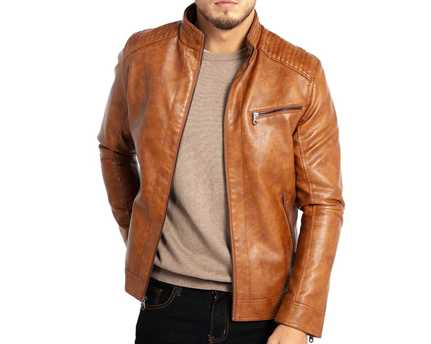 Men's Stand Up Collar Café Racer Motorcycle Biker Lightweight Brown Real Leather Jacket 1 Men's Stand Up Collar Café Racer Motorcycle Biker Lightweight Brown Real Leather Jacket