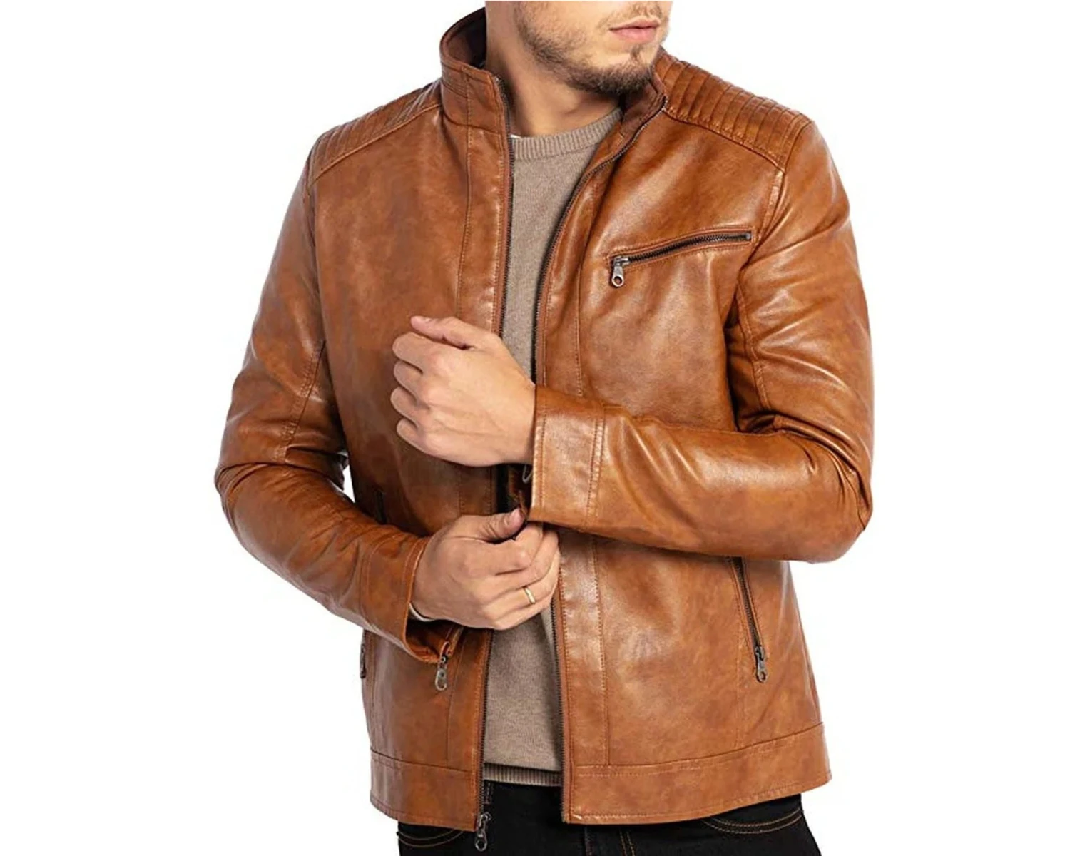 Men's Stand Up Collar Café Racer Motorcycle Biker Lightweight Brown Real Leather Jacket 3 Men's Stand Up Collar Café Racer Motorcycle Biker Lightweight Brown Real Leather Jacket - Image 3