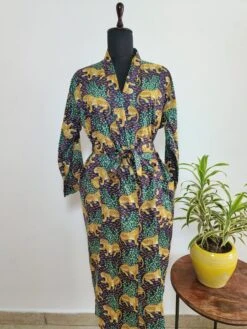 Pure Cotton Handprinted House Dressing Robe Kimono Lapelled Collar In Blue & Leopard Safari PintHouse Robe Comfy Men Robe/ Man Robe -Fashion Clothing Store il fullxfull.5124256799 fr9t