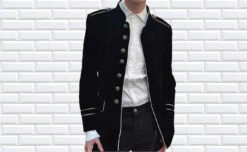 Men'shandmade BlackCotton Jacket Black Military Style Silver Piping,Men's Gothic Fashion Coat