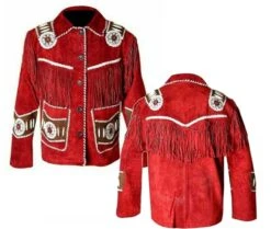 Men's Western American Style Red Contrast Suede Leather Jacket With Fringe & Beaded Bone Work