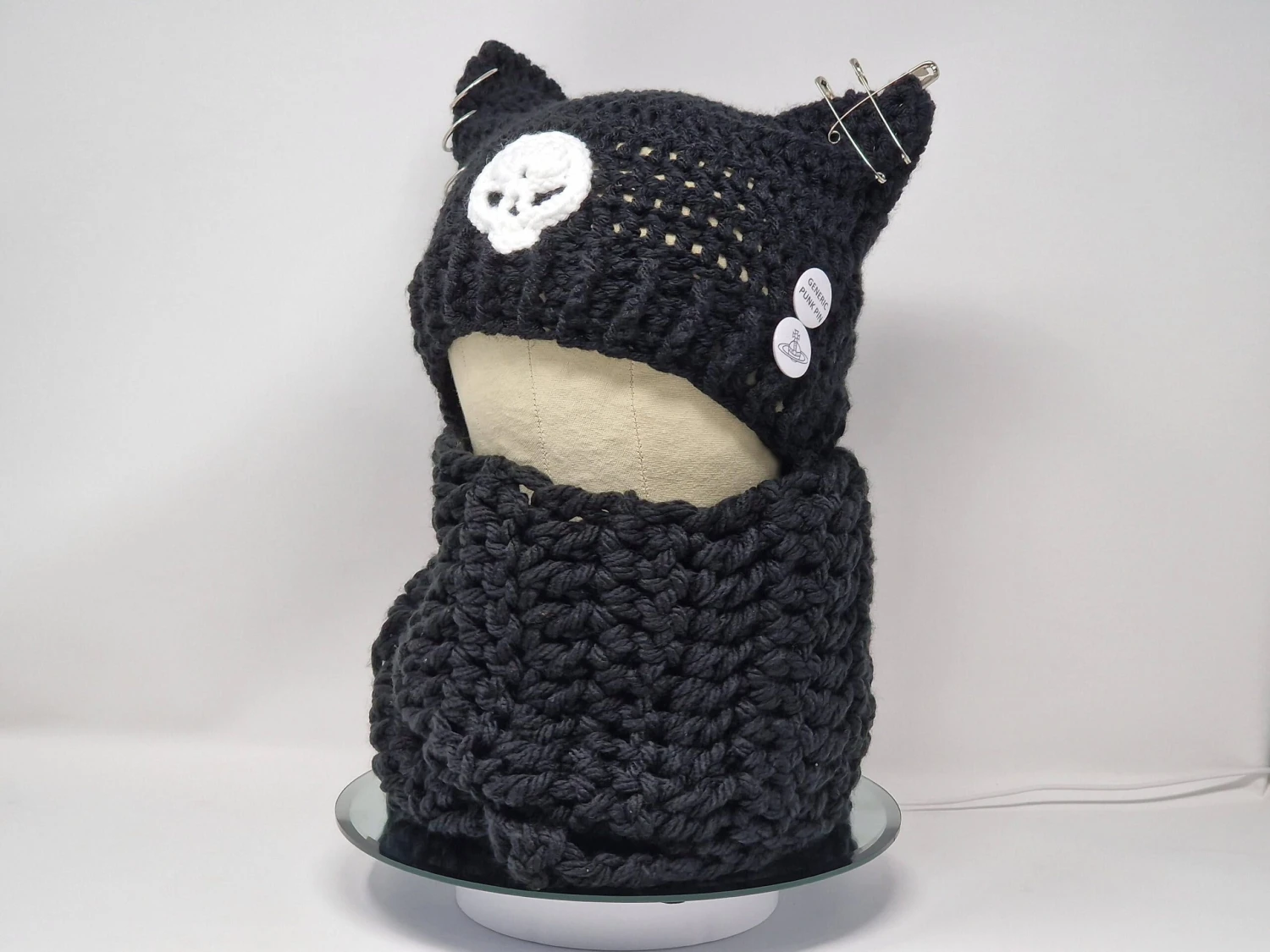 Handmade Crochet Cat Hat, Cat Ear Beanie, Cat Hat In Black With White Skull And Scarf, Balaclava 1 Handmade Crochet Cat Hat, Cat Ear Beanie, Cat Hat In Black With White Skull And Scarf, Balaclava