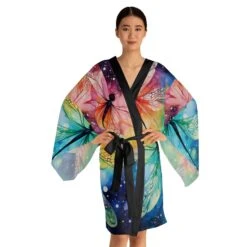 Robe Self Care Long Sleeve Vibrant Ice Dye Dragon Flies Kimono Robe