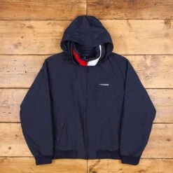 Tommy Hilfiger Windbreaker Jacket L Packable Hood Blue Zip