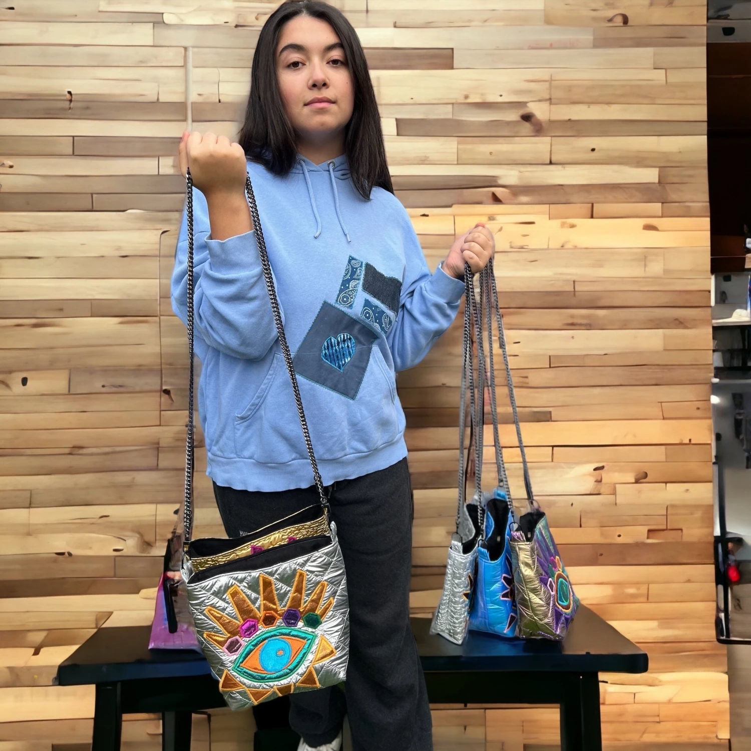 Rainbow Quilted Fabric And An Eye Design Appliqué Bucket Bag With Colorful Quilting And Inner Pocket With Shoulder Metal Strap. 10 Rainbow Quilted Fabric And An Eye Design Appliqué Bucket Bag With Colorful Quilting And Inner Pocket With Shoulder Metal Strap. - Image 10