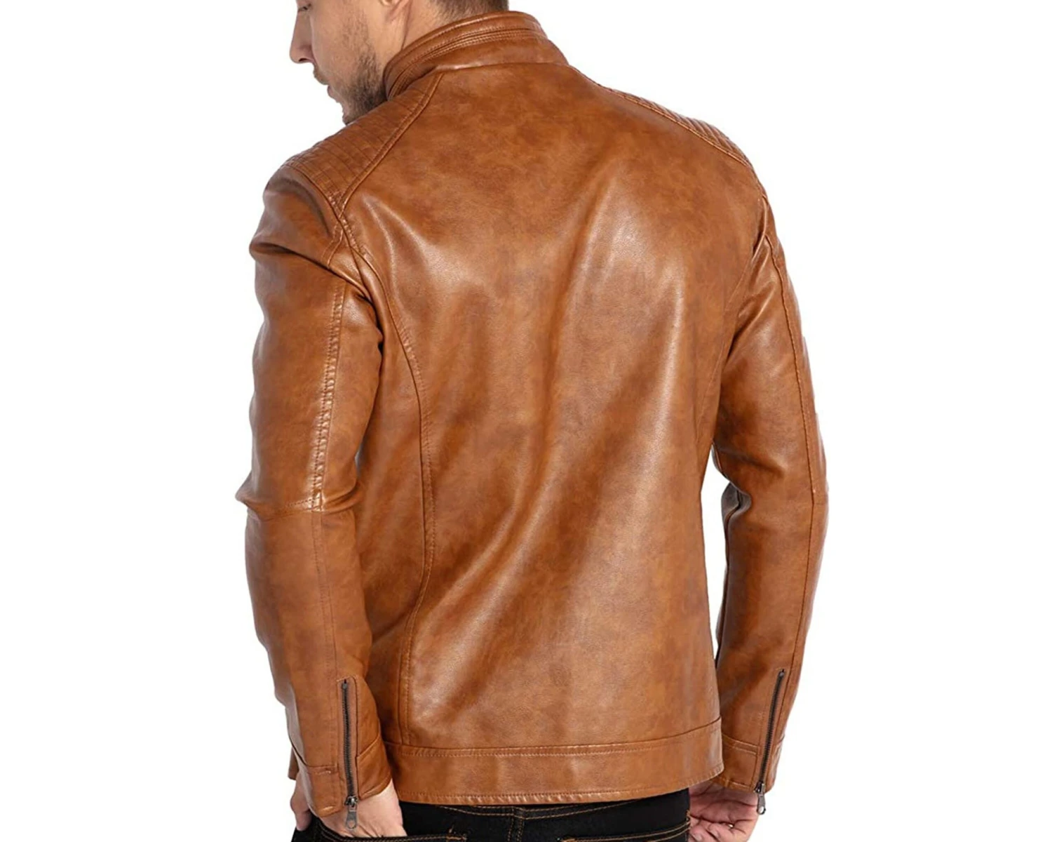 Men's Stand Up Collar Café Racer Motorcycle Biker Lightweight Brown Real Leather Jacket 2 Men's Stand Up Collar Café Racer Motorcycle Biker Lightweight Brown Real Leather Jacket - Image 2