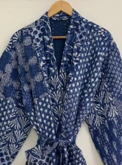 Blue Indigo Long-4 Hand Made Kantha/Robe,100% Cotton Bath Robe,Indian Hand Made Kantha,Cotton Kimono,Traditional Robe,Quilted Kimono,