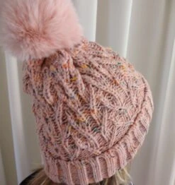 Pink Hat For Women Double Layer Fleece Line Beanie With Bobble Pom Pom