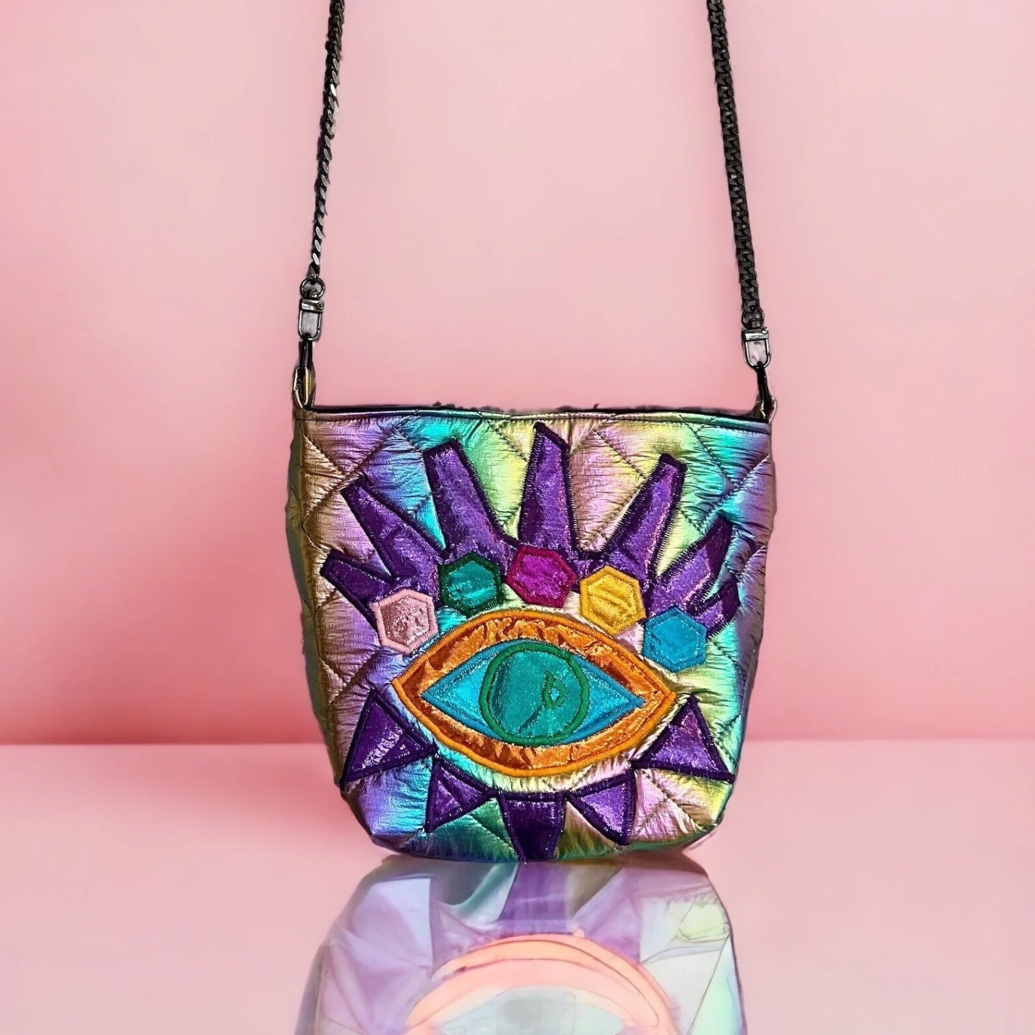 Rainbow Quilted Fabric And An Eye Design Appliqué Bucket Bag With Colorful Quilting And Inner Pocket With Shoulder Metal Strap. 2 Rainbow Quilted Fabric And An Eye Design Appliqué Bucket Bag With Colorful Quilting And Inner Pocket With Shoulder Metal Strap. - Image 2