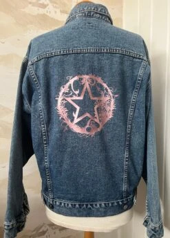 Rose Gold Star On Leafy Circle Upcycled Denim Jacket. Sustainable. Pre-loved. Oversized Small.