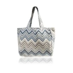 Blue And Beige Zigzag Colorful Bag, Woven Fabric Tote Bag, Textured Stylish Beach Bag