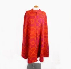 1960s Iconic Psychedelic Pink And Orange Welsh Tapestry Wool A Line Zipped Long Cape Size MBoho Rave Swinging 60s Dance Rare Wow