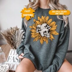 Sunflower Skull Shirt Floral Halloween Sweater Flower Shirt Garden Sweatshirt Skeleton Womens Fall Shirt Sunflower Tshirt Sunflower Sunshine