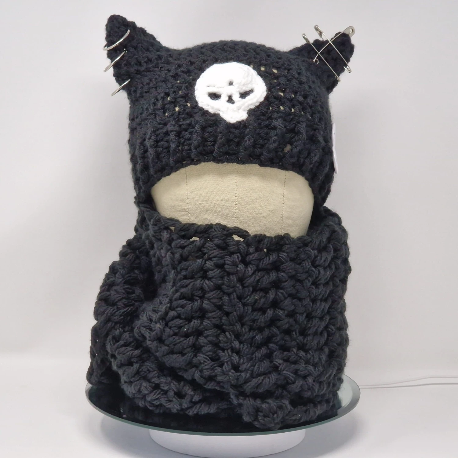 Handmade Crochet Cat Hat, Cat Ear Beanie, Cat Hat In Black With White Skull And Scarf, Balaclava 3 Handmade Crochet Cat Hat, Cat Ear Beanie, Cat Hat In Black With White Skull And Scarf, Balaclava - Image 3