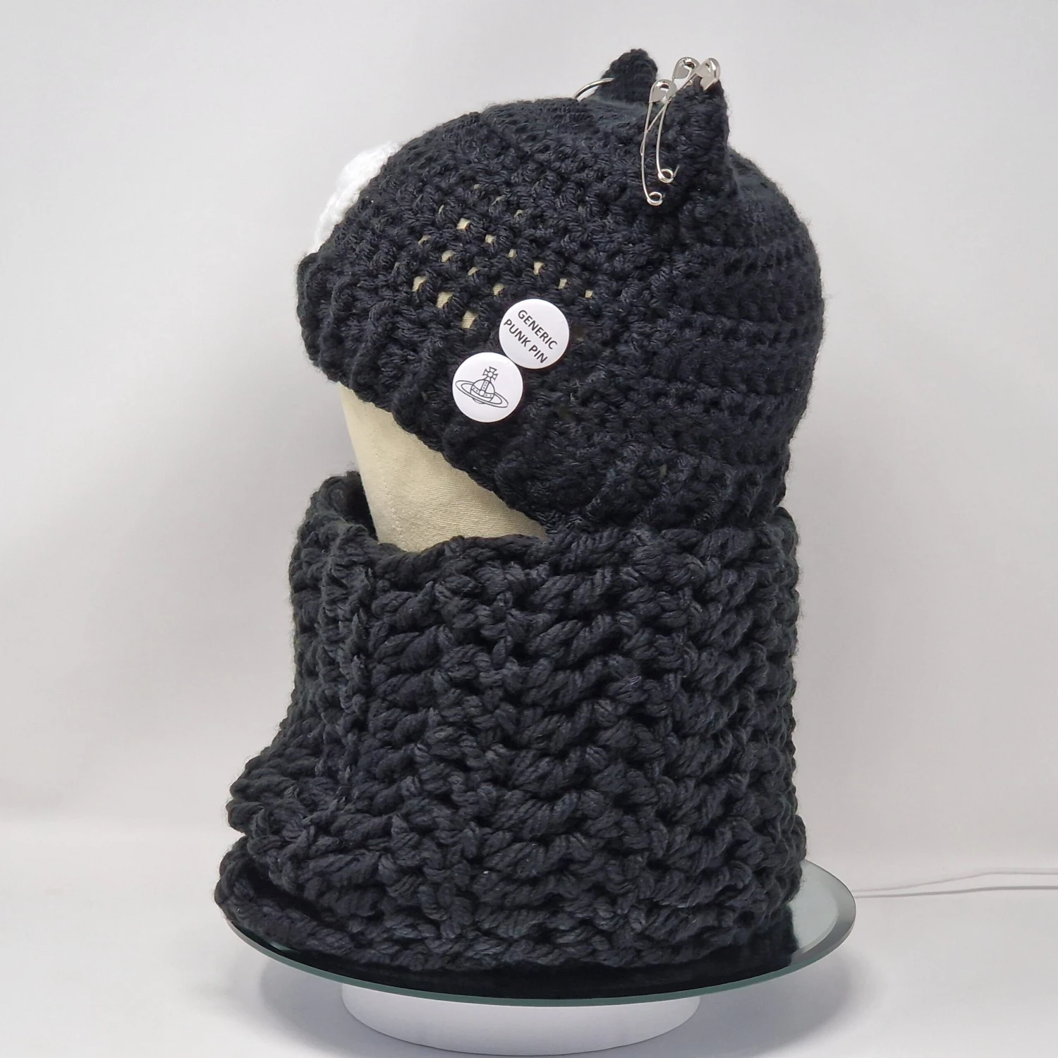 Handmade Crochet Cat Hat, Cat Ear Beanie, Cat Hat In Black With White Skull And Scarf, Balaclava 4 Handmade Crochet Cat Hat, Cat Ear Beanie, Cat Hat In Black With White Skull And Scarf, Balaclava - Image 4